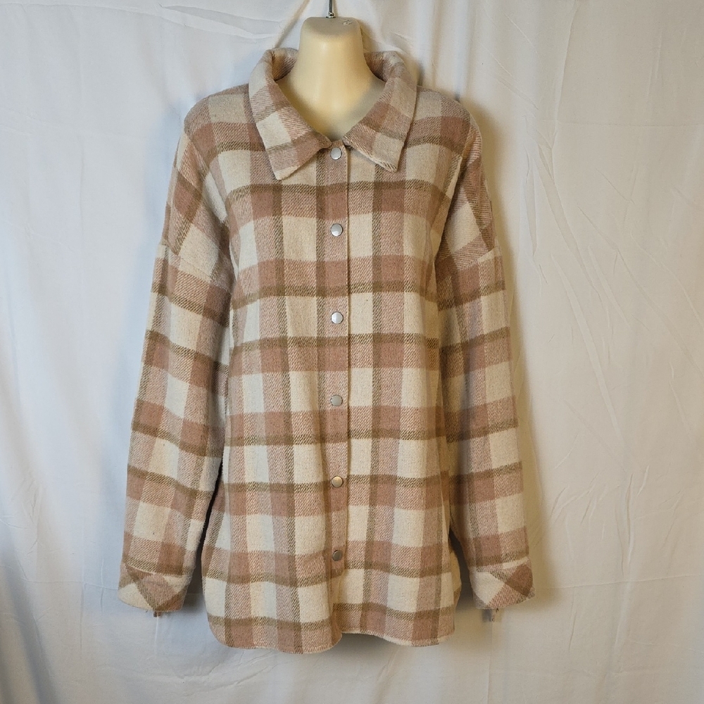 Pink Lily Beige and Brown Plaid Tassel Back Jacket